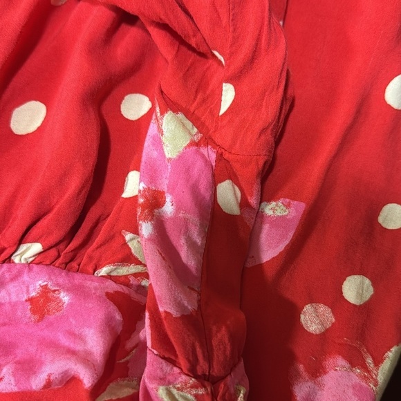 Free People long sleeve red mini dress with flowers and cream polka dots. Size S - Picture 8 of 9